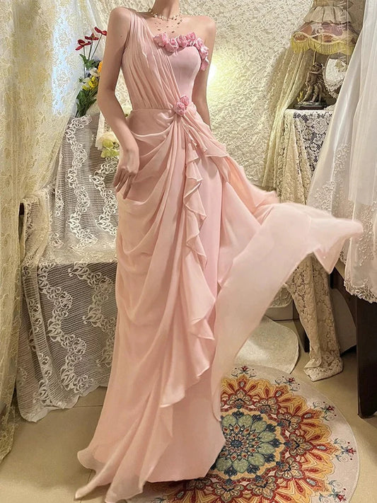 Gentle A Line One Shoulder Flower Ruffle Pink Chiffon Prom Dress Graduation Prom Dress DP2219