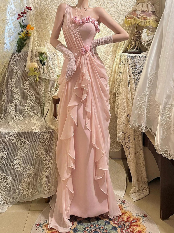 Gentle A Line One Shoulder Flower Ruffle Pink Chiffon Prom Dress Graduation Prom Dress DP2219