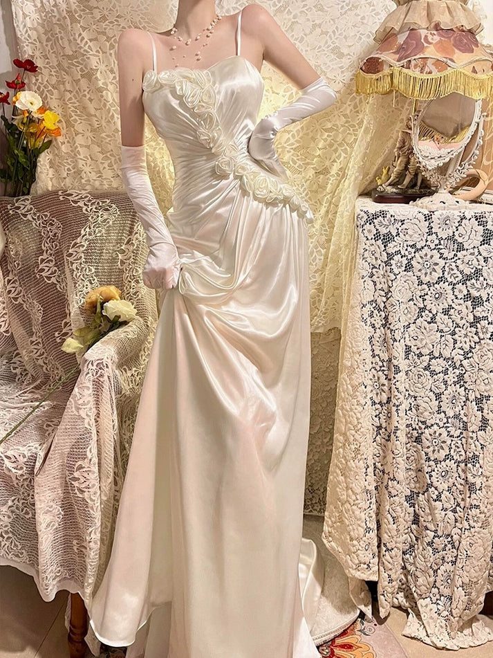 Gentle A Line Spaghetti Strap Flower Ivory Satin Long Prom Dress Graduation Prom Dress DP2220