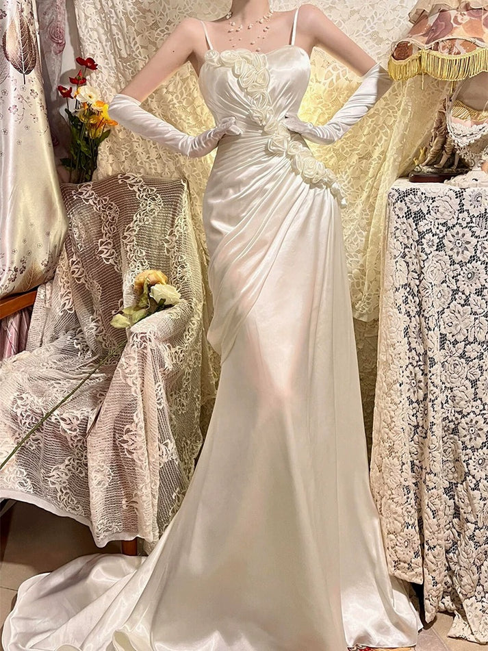 Gentle A Line Spaghetti Strap Flower Ivory Satin Long Prom Dress Graduation Prom Dress DP2220