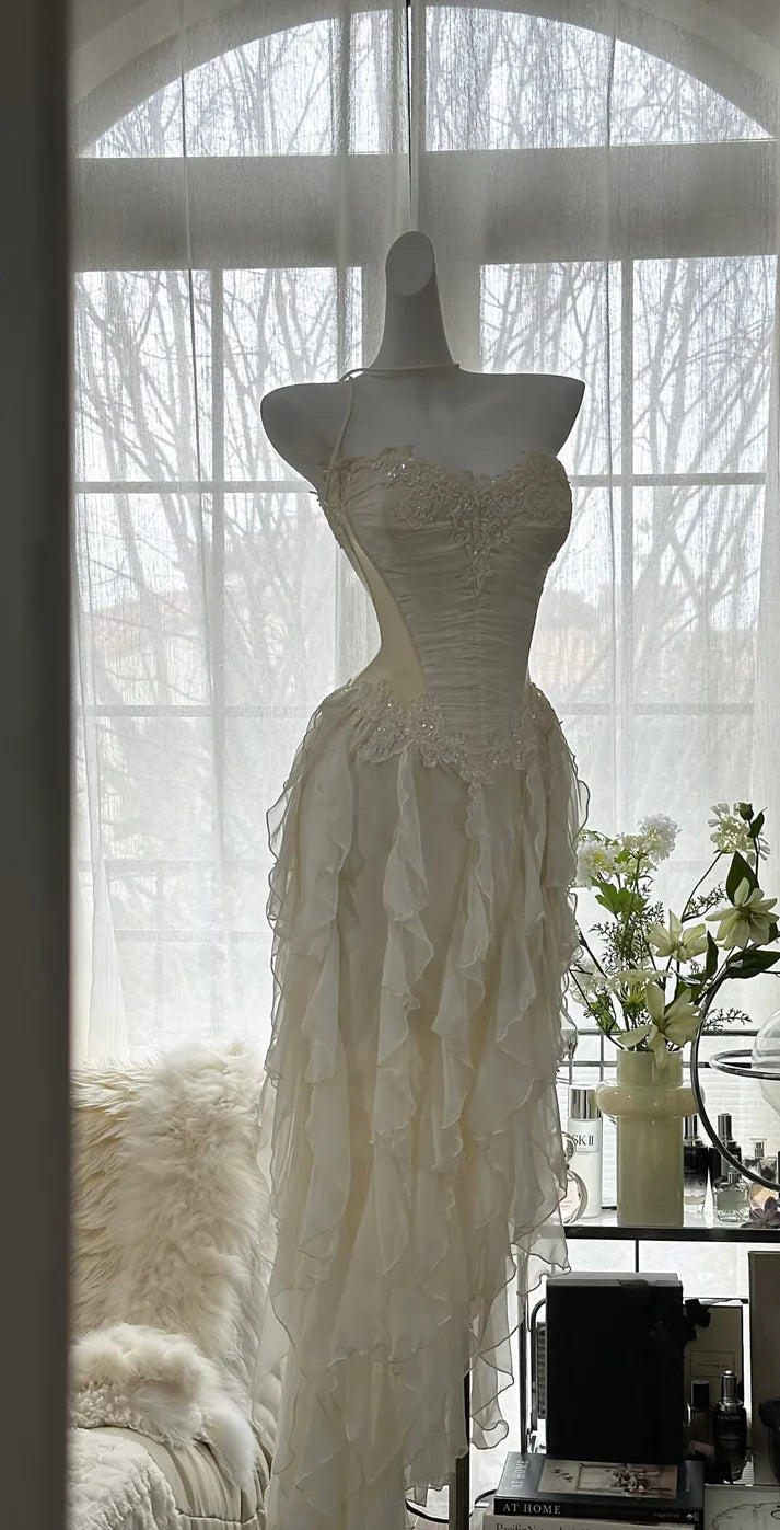 Elegant Sheath Sweetheart Neck Beaded Ivory Chiffon Long Prom Dress Graduation Prom Dress DP2045