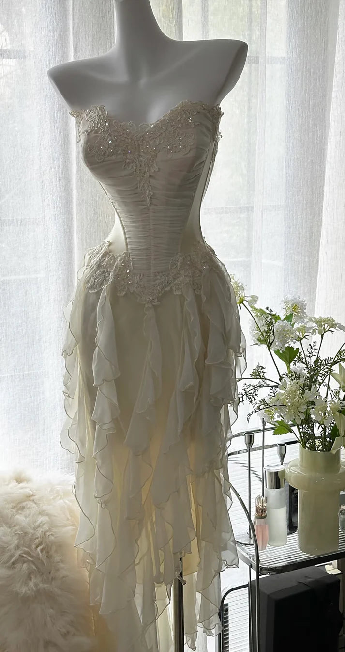 Elegant Sheath Sweetheart Neck Beaded Ivory Chiffon Long Prom Dress Graduation Prom Dress DP2045