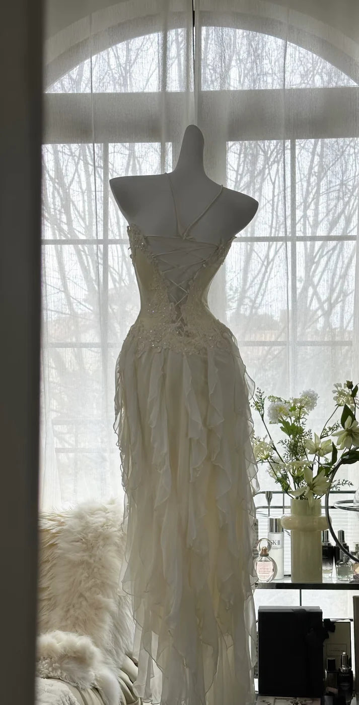 Elegant Sheath Sweetheart Neck Beaded Ivory Chiffon Long Prom Dress Graduation Prom Dress DP2045