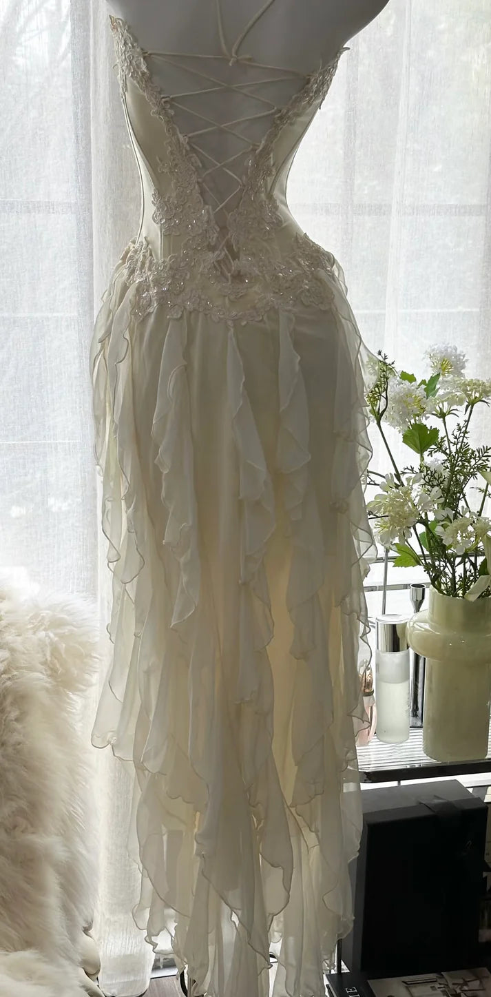 Elegant Sheath Sweetheart Neck Beaded Ivory Chiffon Long Prom Dress Graduation Prom Dress DP2045