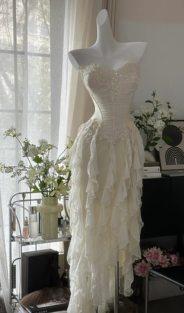 Elegant Sheath Sweetheart Neck Beaded Ivory Chiffon Long Prom Dress Graduation Prom Dress DP2045