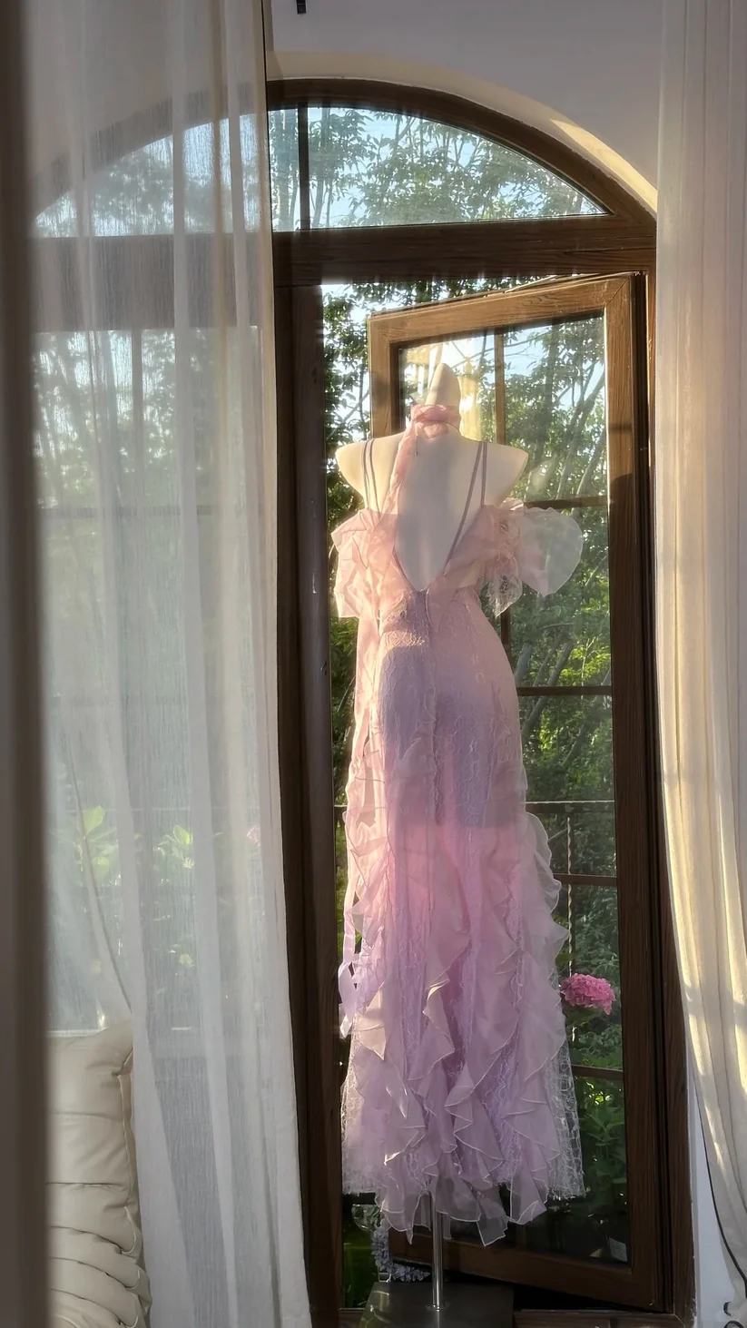 Lilac Romantic Lace Elegant Long Chiffon Ball Gown Party Dress Date Dress DP2911