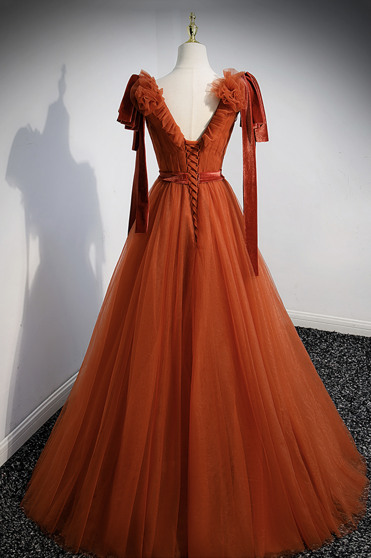 Simple V Neck Tulle Long Prom Dress A Line Evening Dress DP455