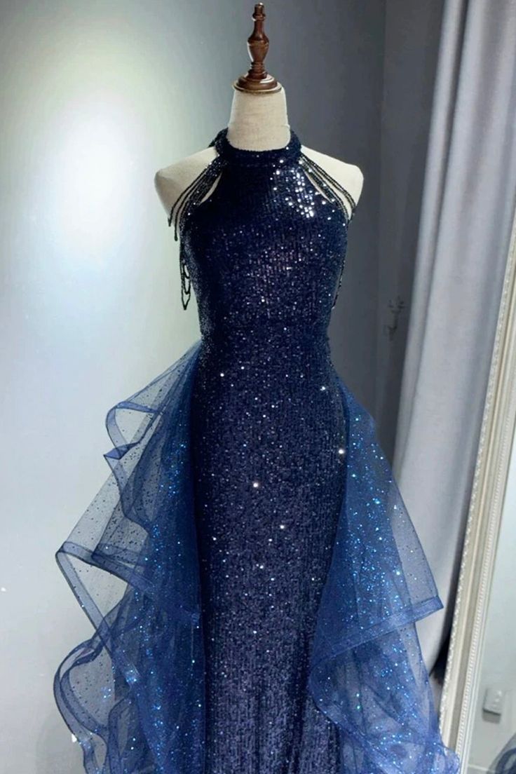 Navy Shiny Sequin Tulle Long Party Dress with Beaded, Navy Evening Party Dress DP1975