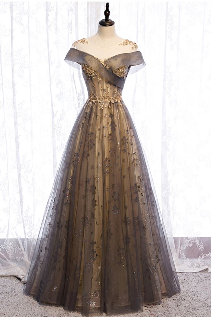 A Line Scoop Sequins Appliques Gray Tulle Long Prom Dress Evening Party Dress DP1369