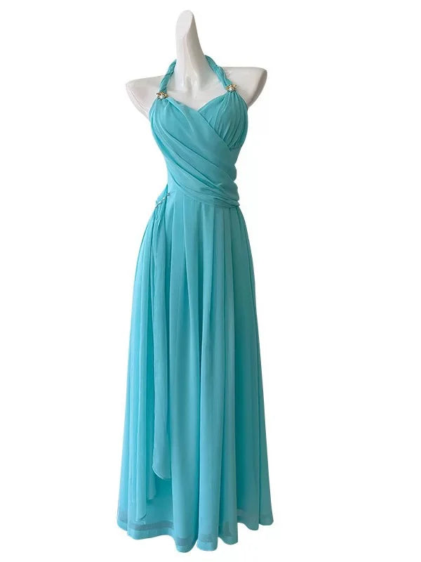 Gentle A Line Halter Blue Chiffon Open Back Party Dress Evening Dress DP2301