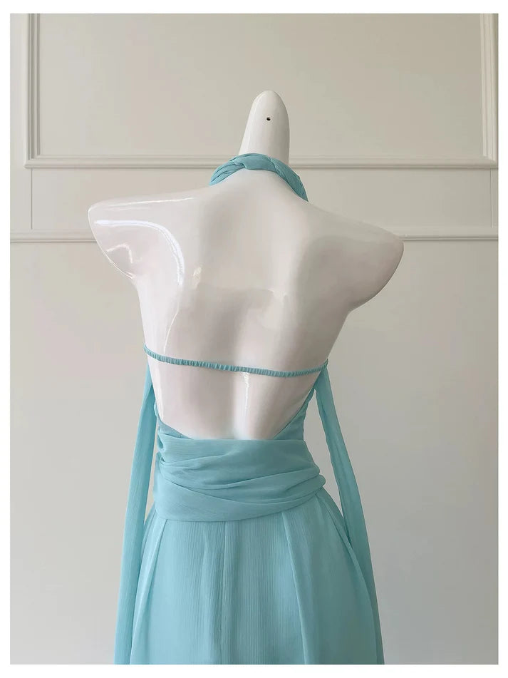 Gentle A Line Halter Blue Chiffon Open Back Party Dress Evening Dress DP2301