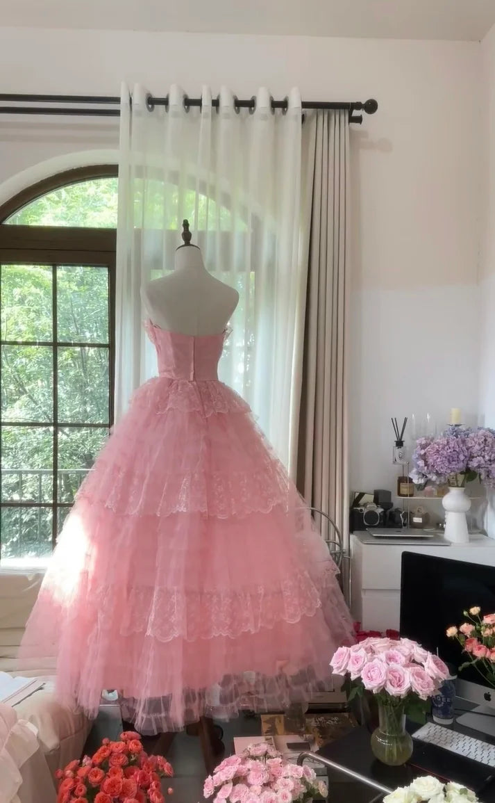 Princess A Line Sweetheart Neck Bow Pink Lace Tulle Prom Dress Graduation Prom Dress DP2080