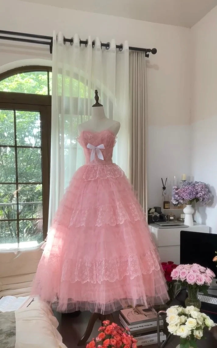 Princess A Line Sweetheart Neck Bow Pink Lace Tulle Prom Dress Graduation Prom Dress DP2080