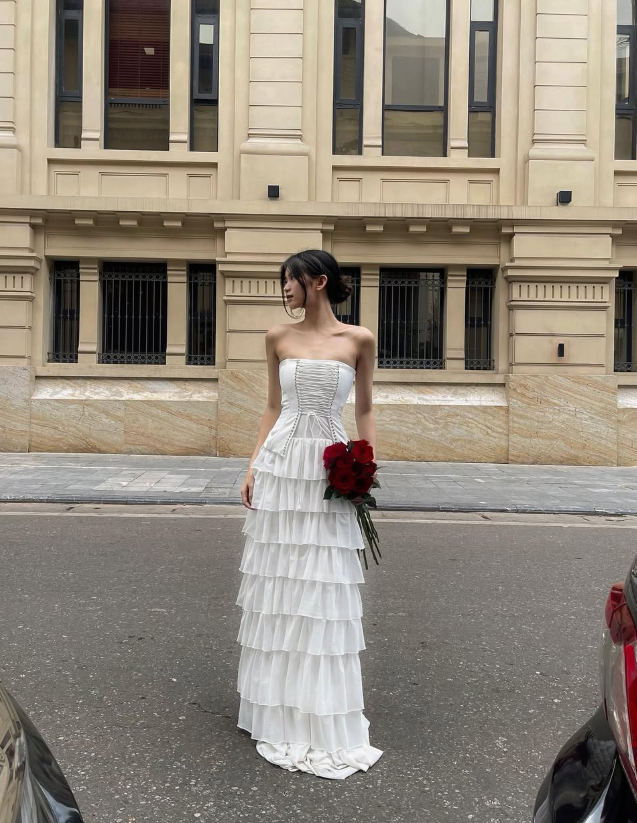 Elegant A Line Strapless Layered White Chiffon Long Prom Dress Evening Dress DP4016