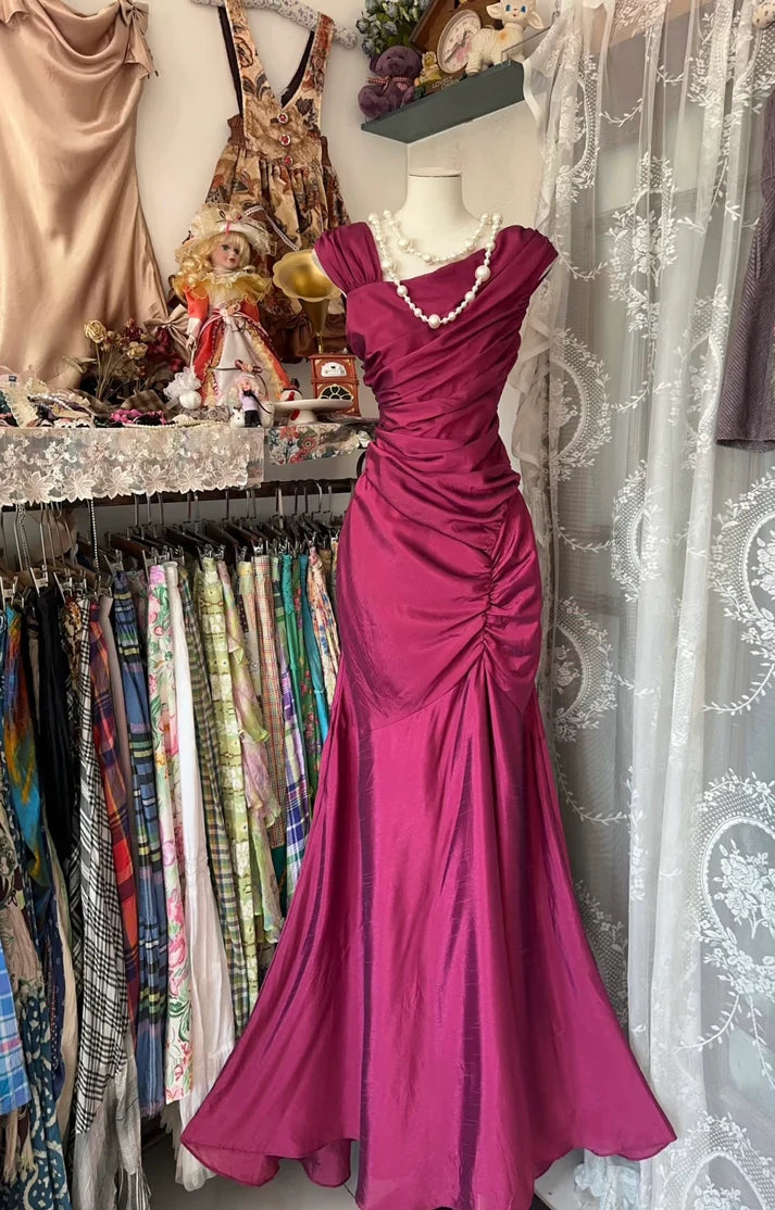 Vintage Mermaid Strap Pink Satin Long Prom Dress Graduation Prom Dress DP2225