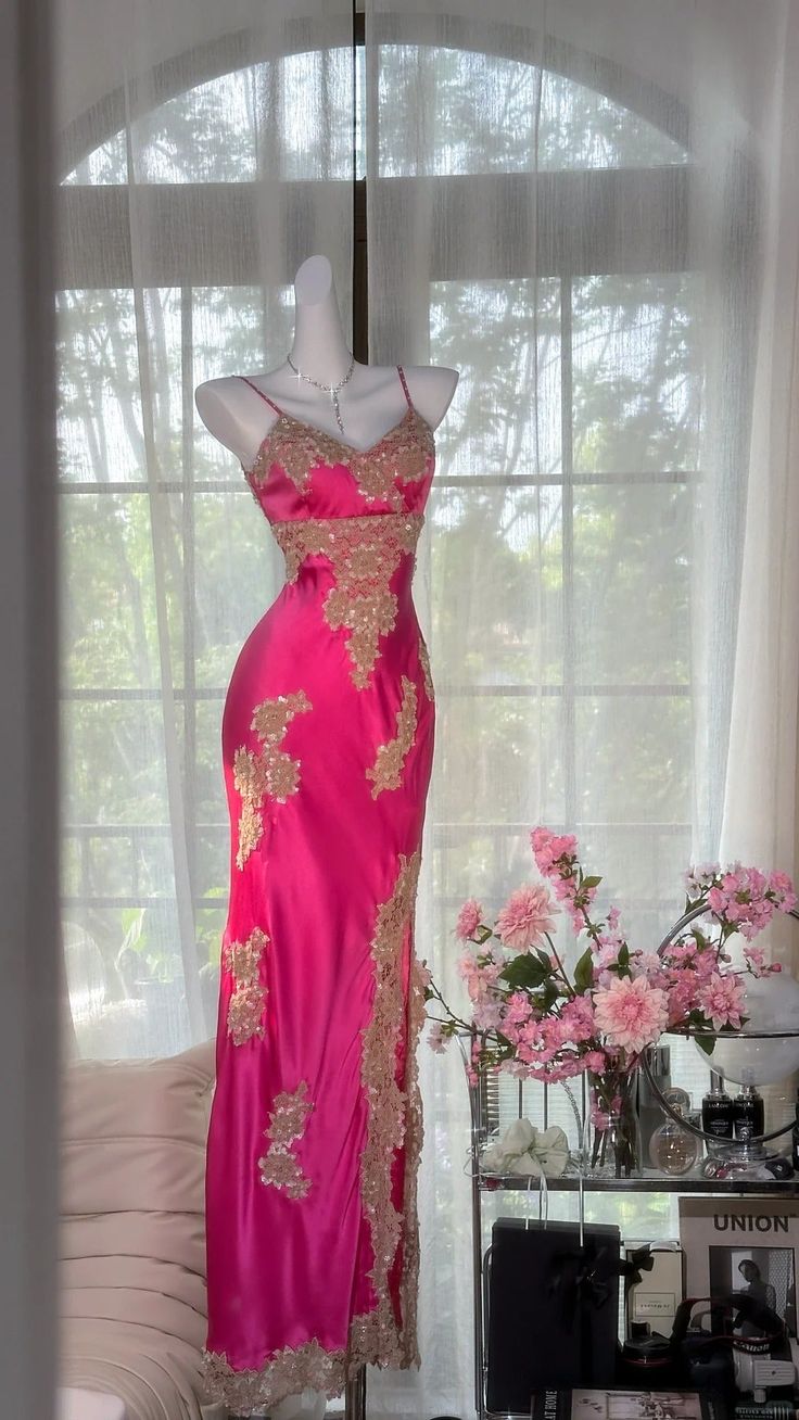 Barbie Pink Gold Appliques Sequin Satin Prom Dress Date Dress Evening Dress with Slit DP2910