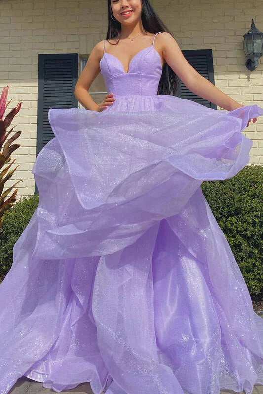 Lavender Spaghetti Straps Tiered Tulle Backless Long Prom Dress DP971