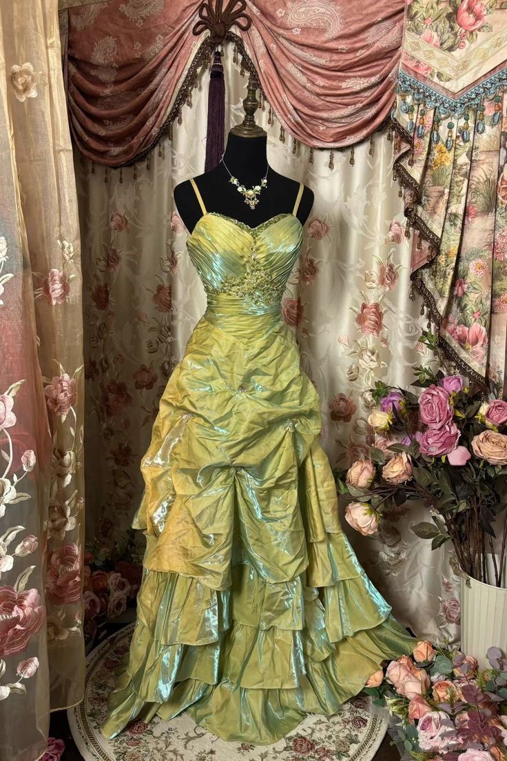 Retro Ball Gown Straps Satin Sage Green Long Party Dress Prom DP1981