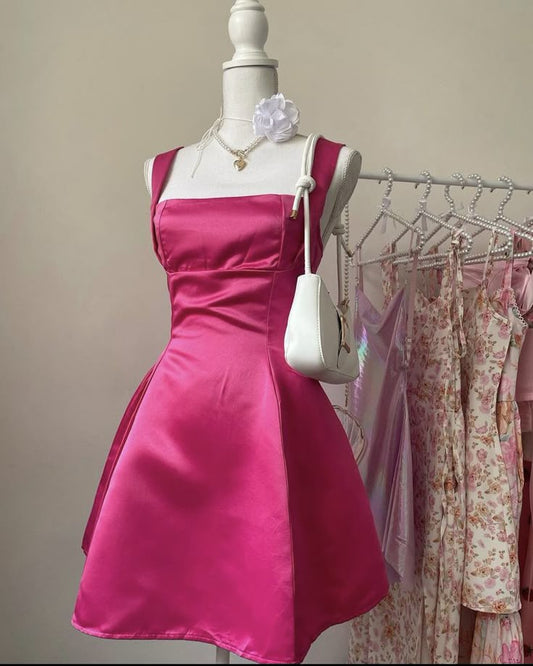 Barbie Pink A Line Square Neck Satin Mini Homecoming Dress With Bow DP2601