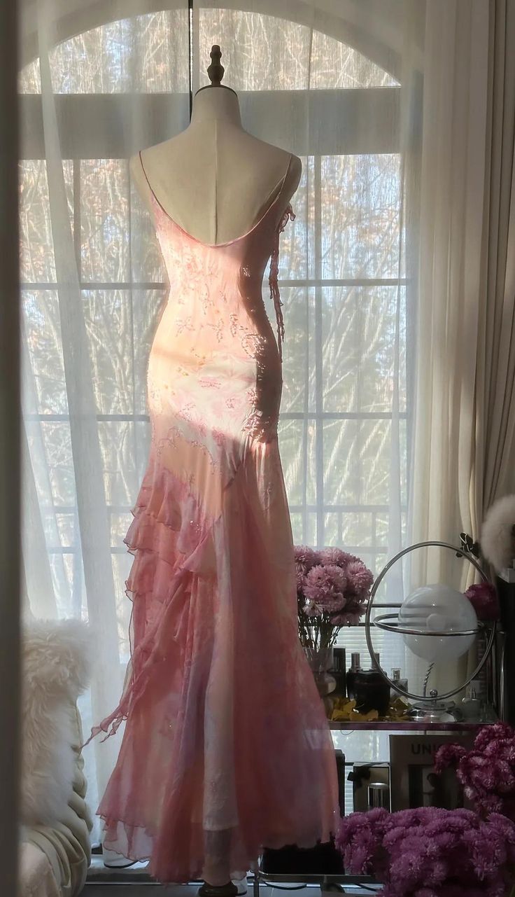 Fairytale Pink Mermaid Spaghetti Strap Beaded Ruffle Chiffon Prom Dress DP2259