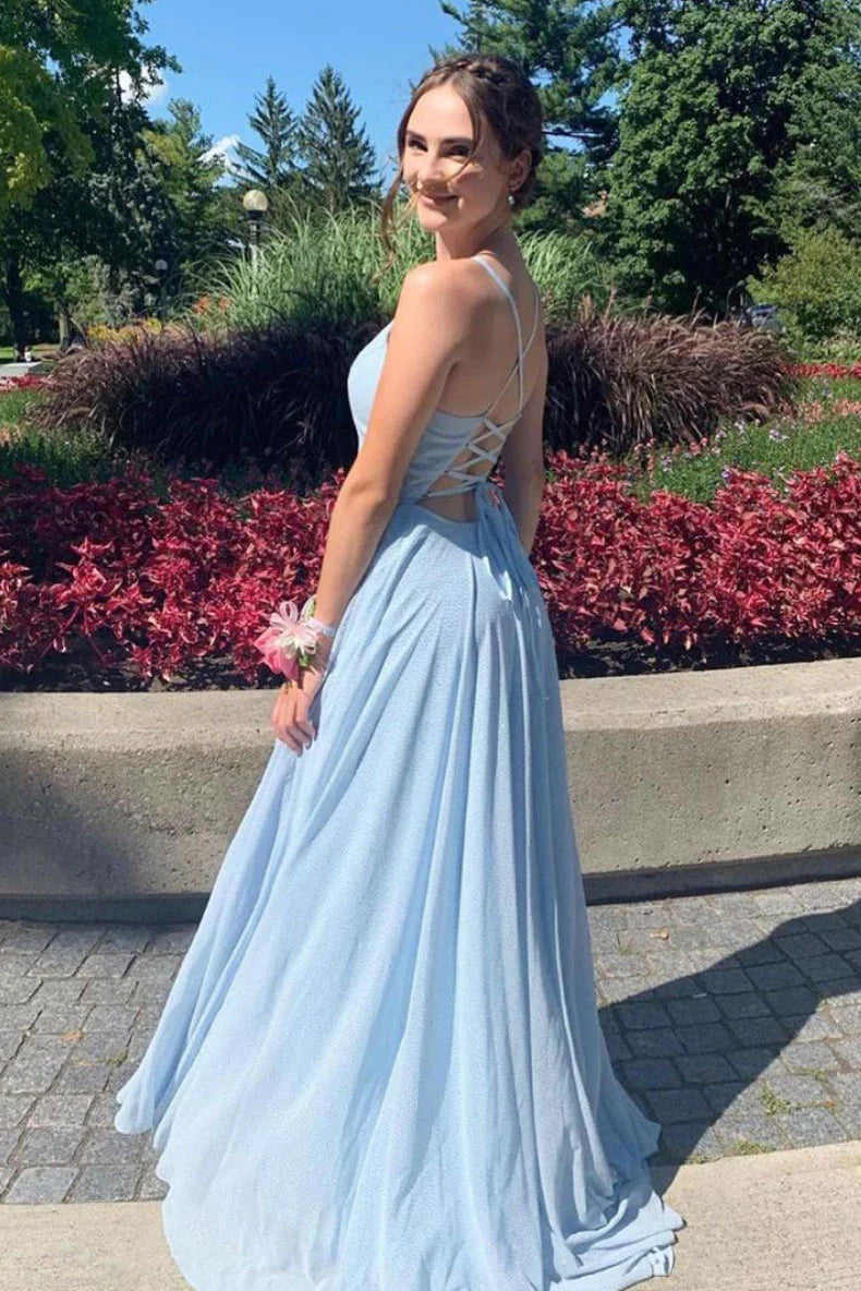 Elegant A Line Spaghetti Straps Chiffon Prom Dresses With Slit DP851