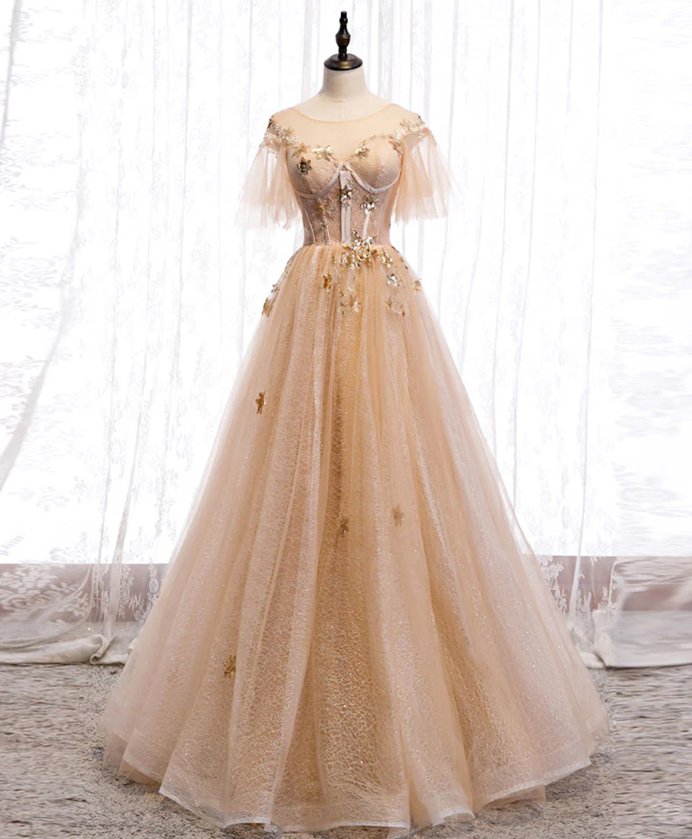Champagne Round Neck Star Sequins Tulle Lace Long Prom Dress Formal Dress DP1162