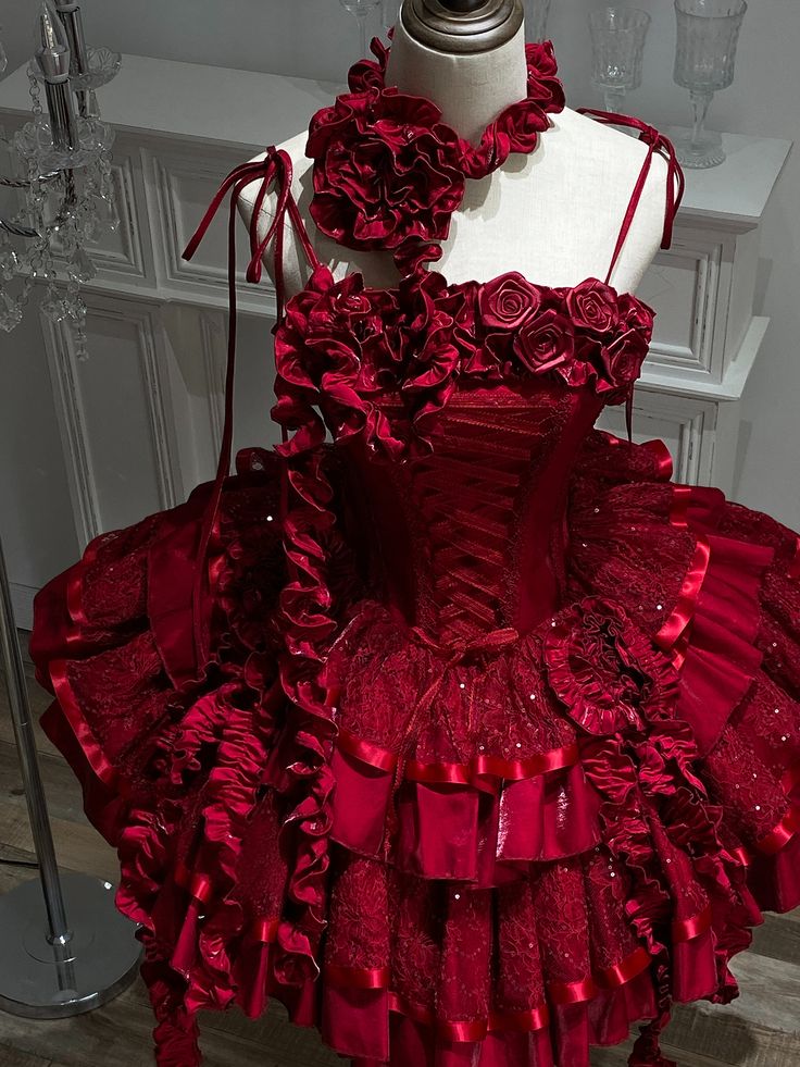 Red Roses Neckline Lolita Goth Boning Dress Sequins Tiered Ruffle Dress DP4068