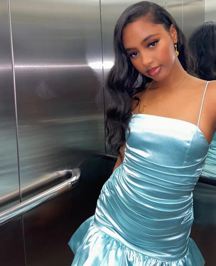 Simple Blue Sheath Spaghetti Strap Pleated Satin Homecoming Dress Cocktail Dress DP3052