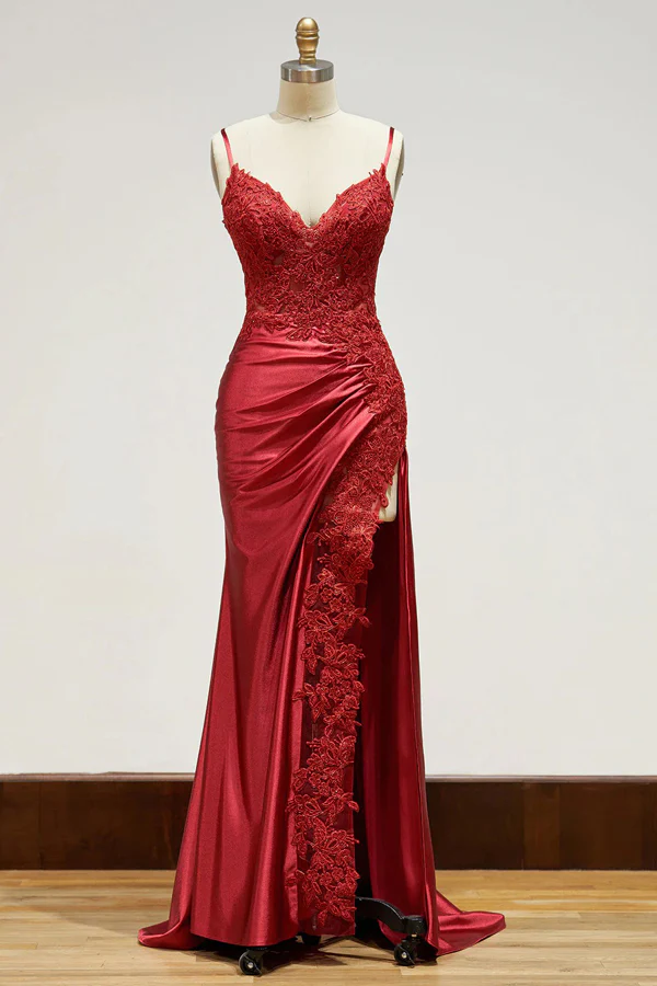 Elegant Spaghetti Straps Prom Dress Black Satin Sheath Appliques Long Formal Evening with Slits DP2125