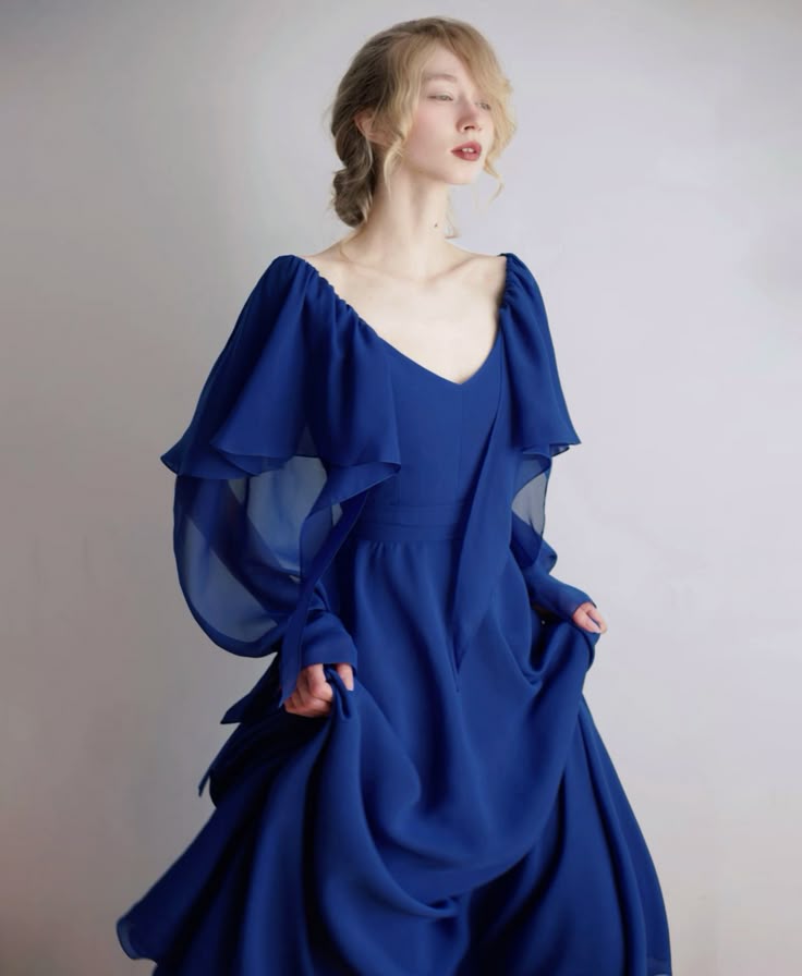 Flowy Royal Blue A Line Long Sleeve Chiffon Prom Dress Evening Dress Formal Dress DP3152