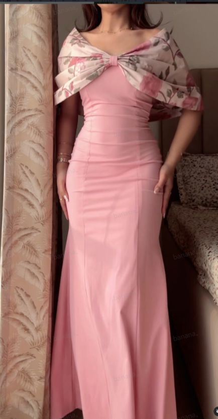 Retro Mermaid Off the Shoulder Print Floral Pink Satin Long Evening Dress Party Dress DP3286