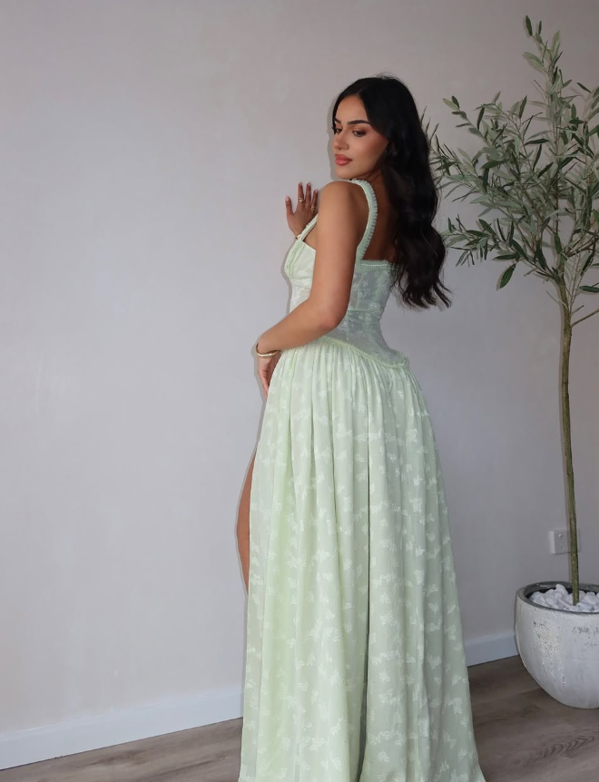 Cute A Line Straps Light Green Satin Long Prom Dress Graduation Prom Dress with Slit DP2230