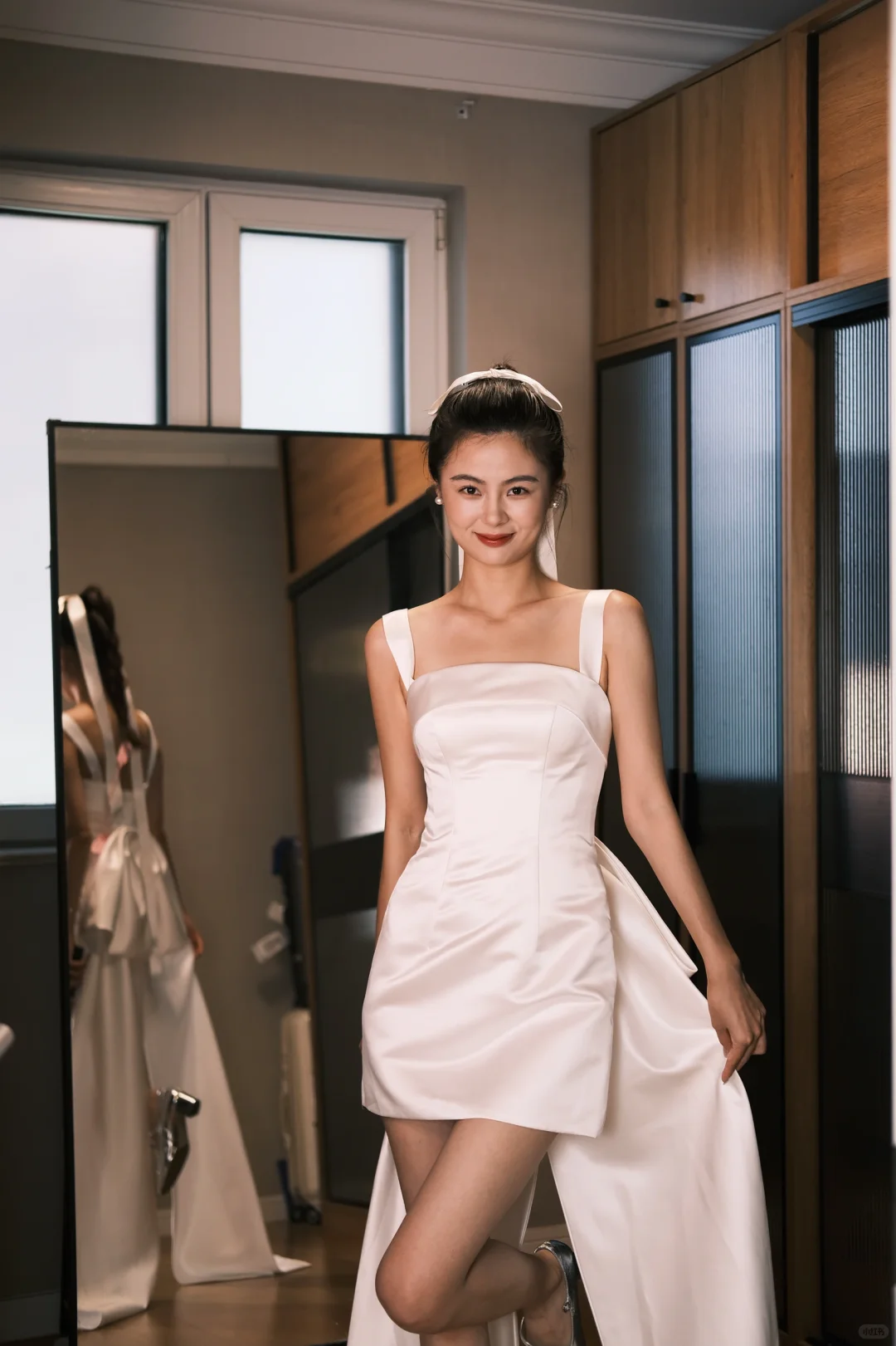 Simple A Line Strap White Satin Homecoming Dress Birthday Dress with Bow DP2696