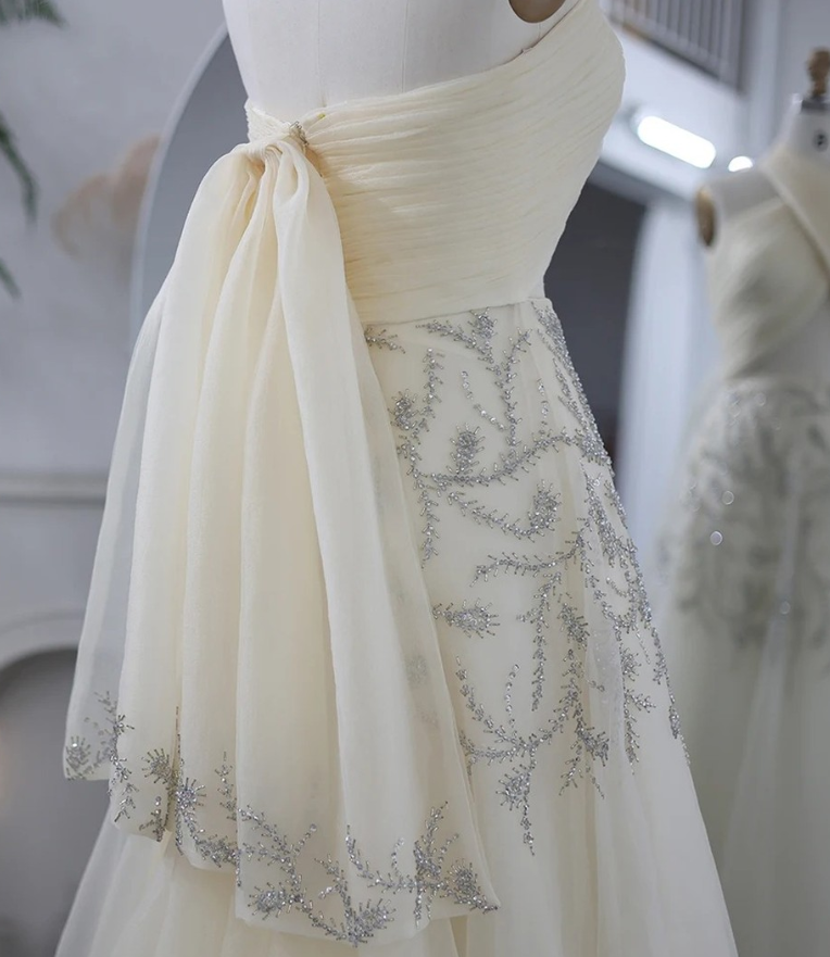 Elegant A Line Halter Beaded Ivory Tulle Long Prom Dress Evening Dress DP1491