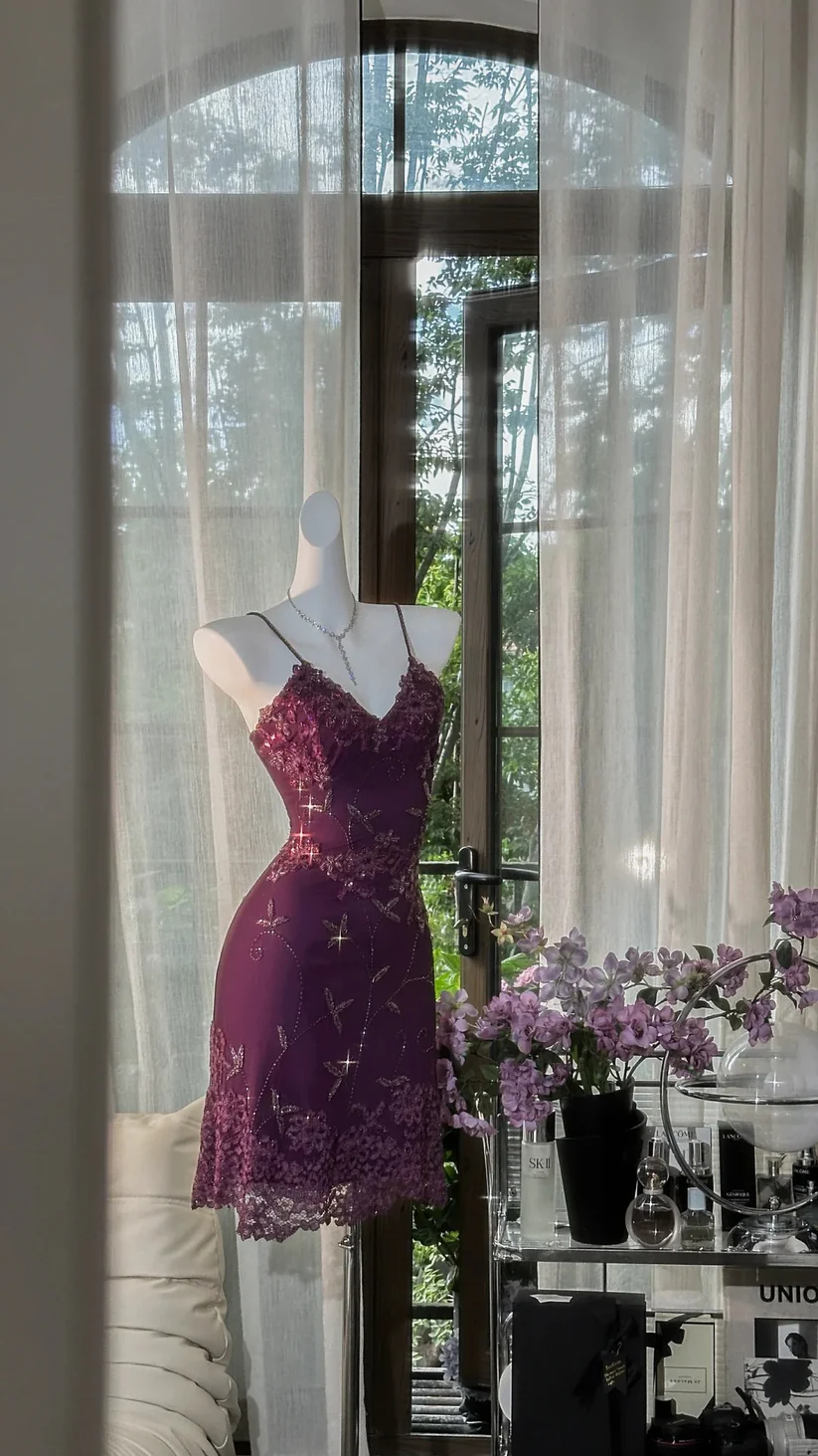 Dark Purple Beaded Sequin Lace Chiffon Prom Dress Date Dress Homecoming Dress DP2907
