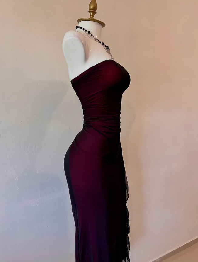 A Line Strapless Black Tulle Burgundy Satin Homecoming Dress Cocktail Dress with Slit DP2891