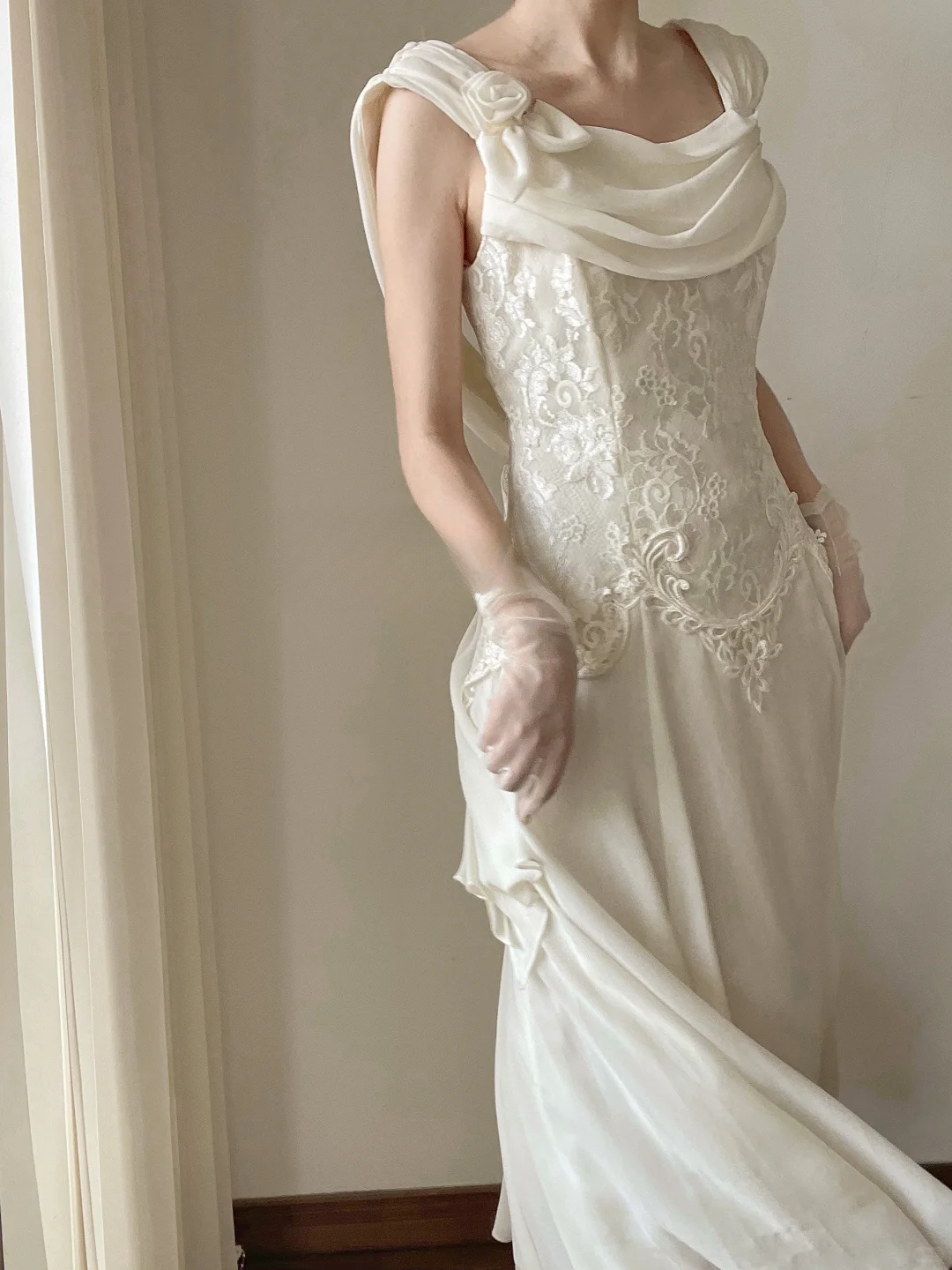 Elegant A Line Retro Lace Chiffon Long Open Back Prom Dress Evening Dress DP3323