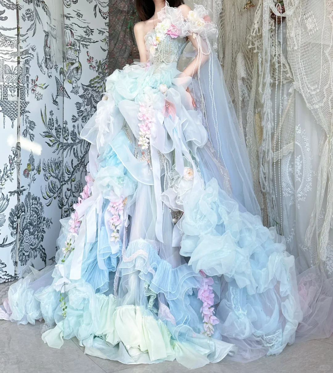 Blue Ball Gown Strapless Floral Beaded Organza Prom Dress 16th Birthday Dress DP3798
