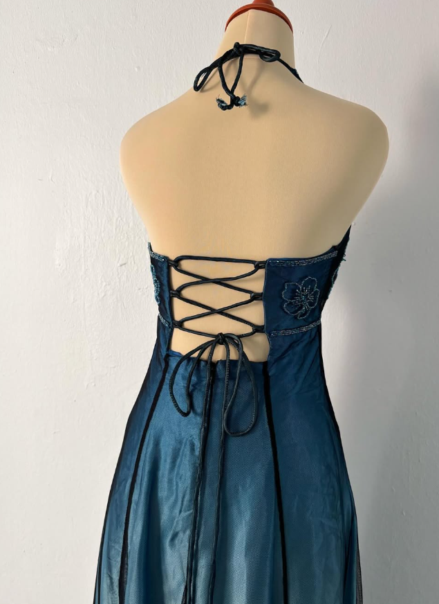 Vintage A Line Halter Beaded Blue Ombre Satin Chiffon Open Back Long Prom Dress Graduation Prom Dress DP2249