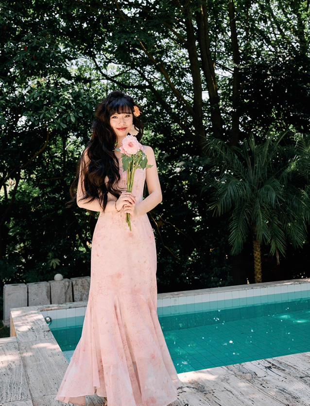 Pink Floral Mermaid Spaghetti Strap Ruffle Chiffon Prom Dress Vacation Dress Outfits DP3651