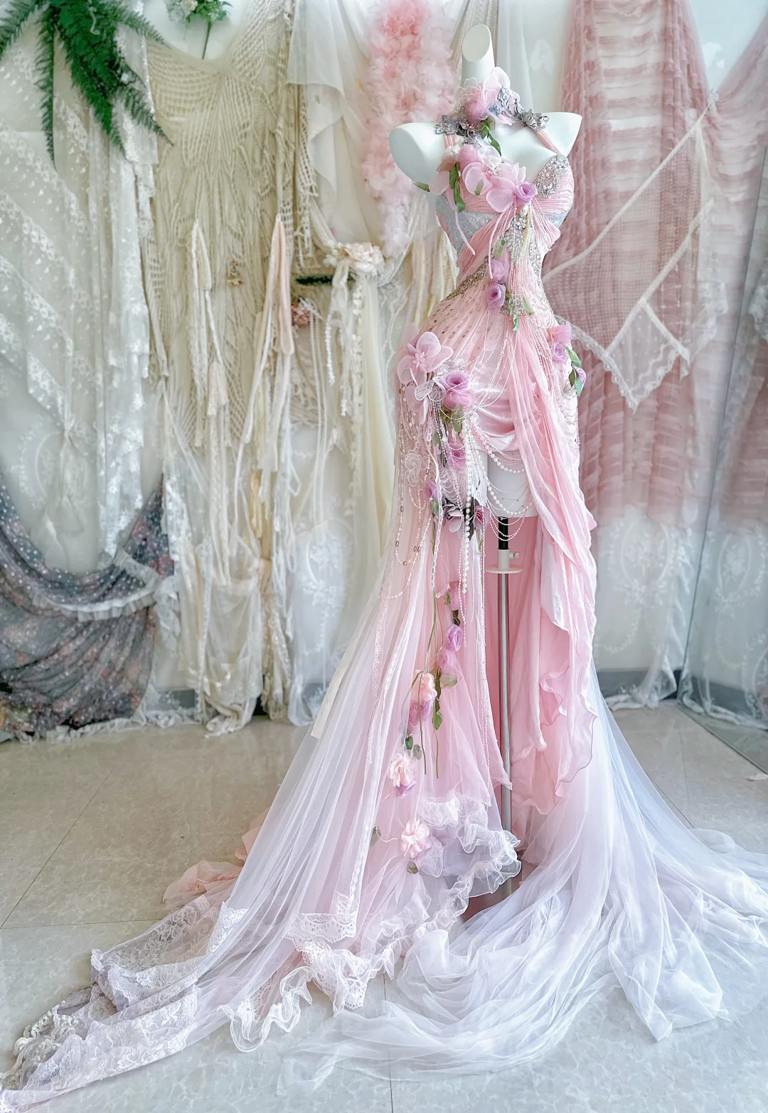 Gentle Pink Mermaid Exquisite Beaded Floral Tulle Lace Prom Dress Evening Dress Party Dress DP2972