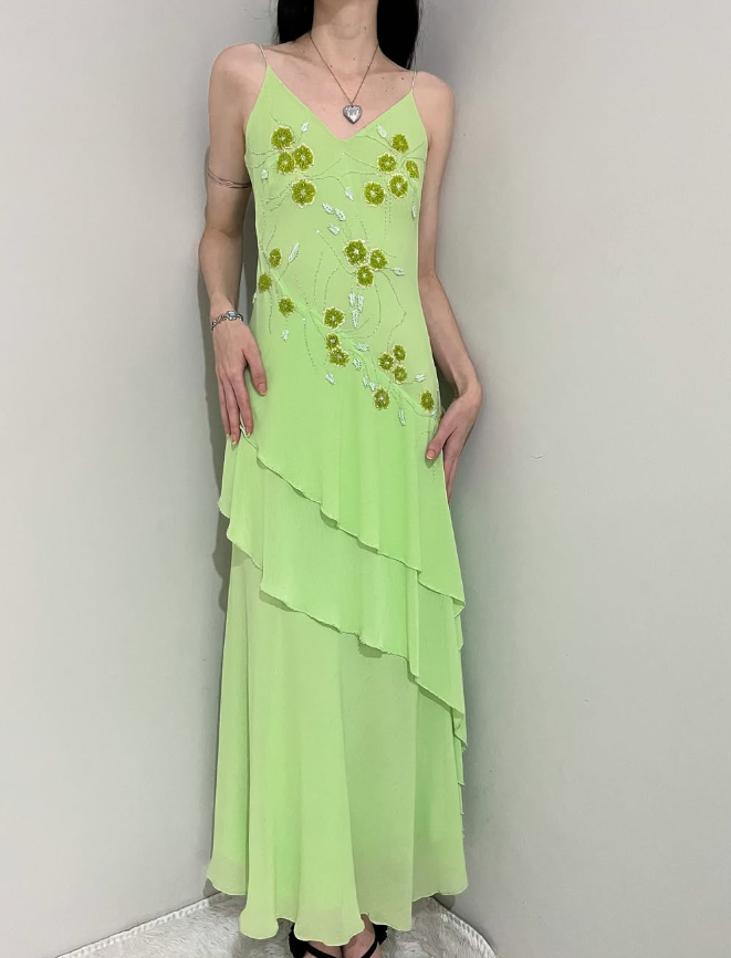 Vintage A Line Spaghetti Strap Beaded Green Chiffon Open Back Prom Dress Evening Dress DP2138