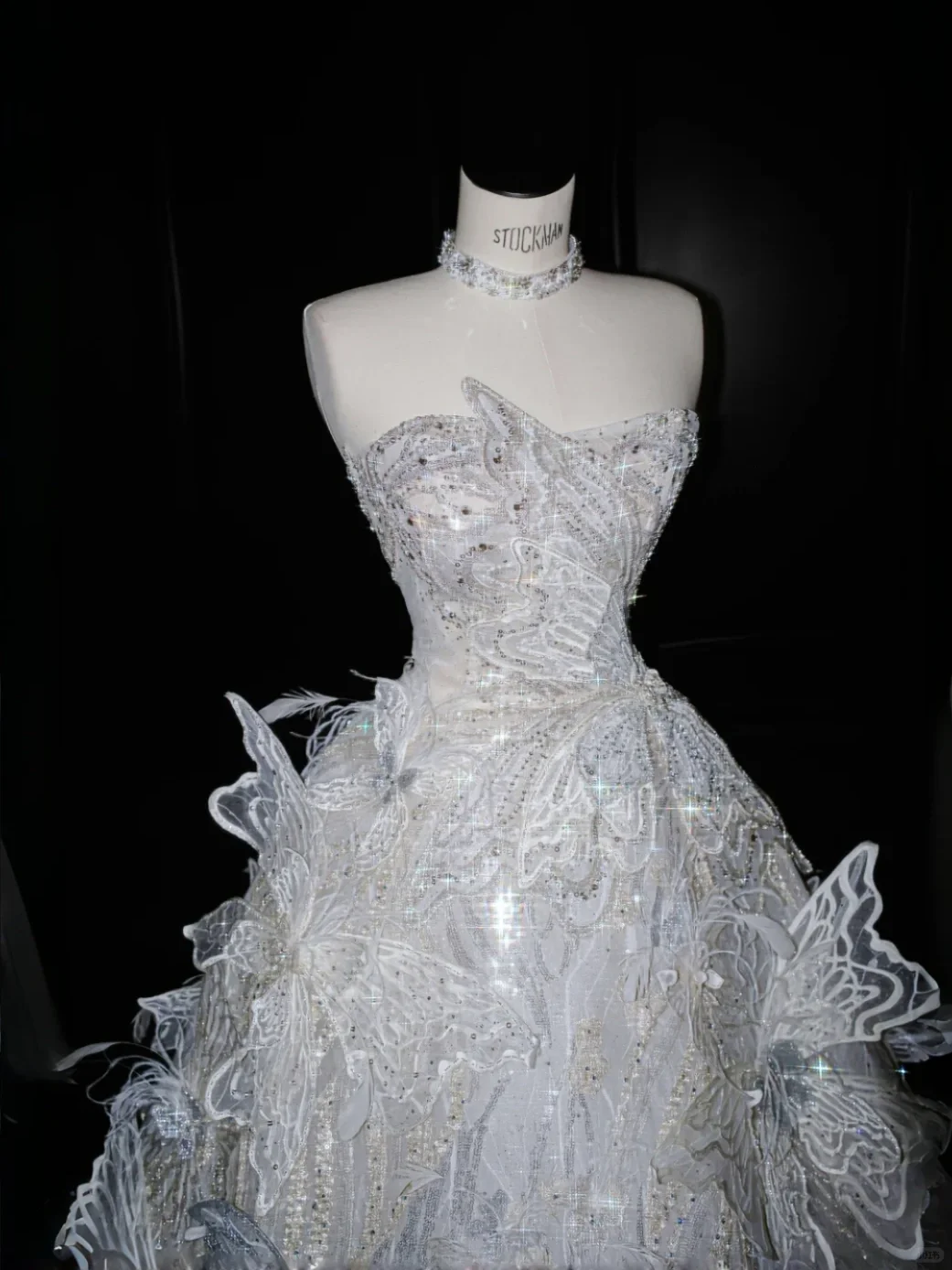 Unique A Line Strapless 3D Butterfly Sequin White Tulle Prom Dress Party Dress DP2685