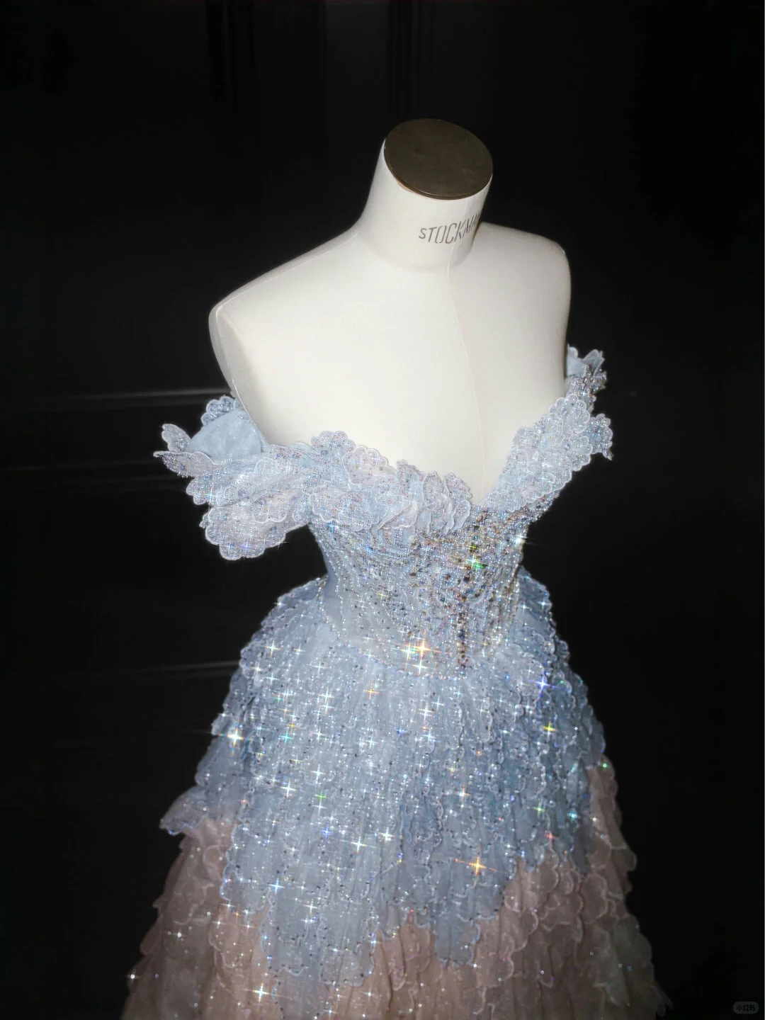 Gorgeous A Line Off the Shoulder Layered Beaded Blue Tulle Prom Dress Evening Dress DP2657
