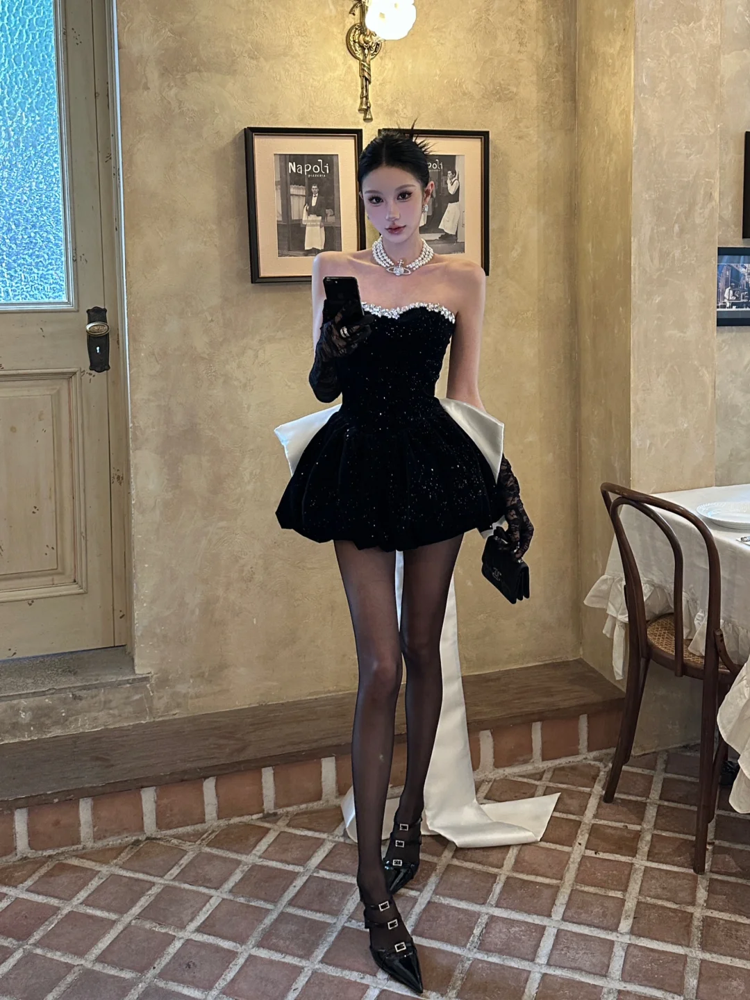 Cute A Line Sweetheart Neck Rhinestone Black Sequin Homecoming Dress with Bow DP2697