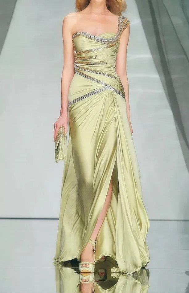 Gentle Green A Line One Shoulder Sequin Beaded Satin Prom Dress Evening Dress with Slit DP4476