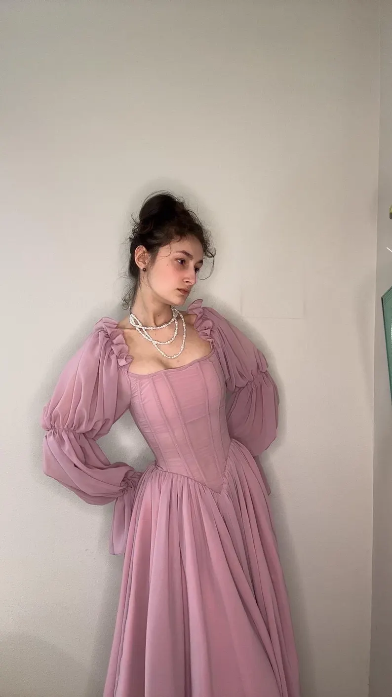 Purple A Line Long Sleeve Corset Chiffon Long Party Dress Outfits Dress DP2630