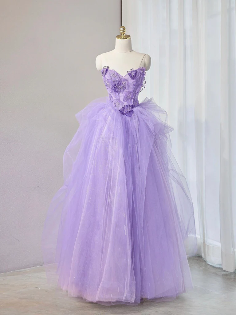Purple Sweetheart Neck Tulle Lace Applique Long Prom Dress Party Evening Dress DP069