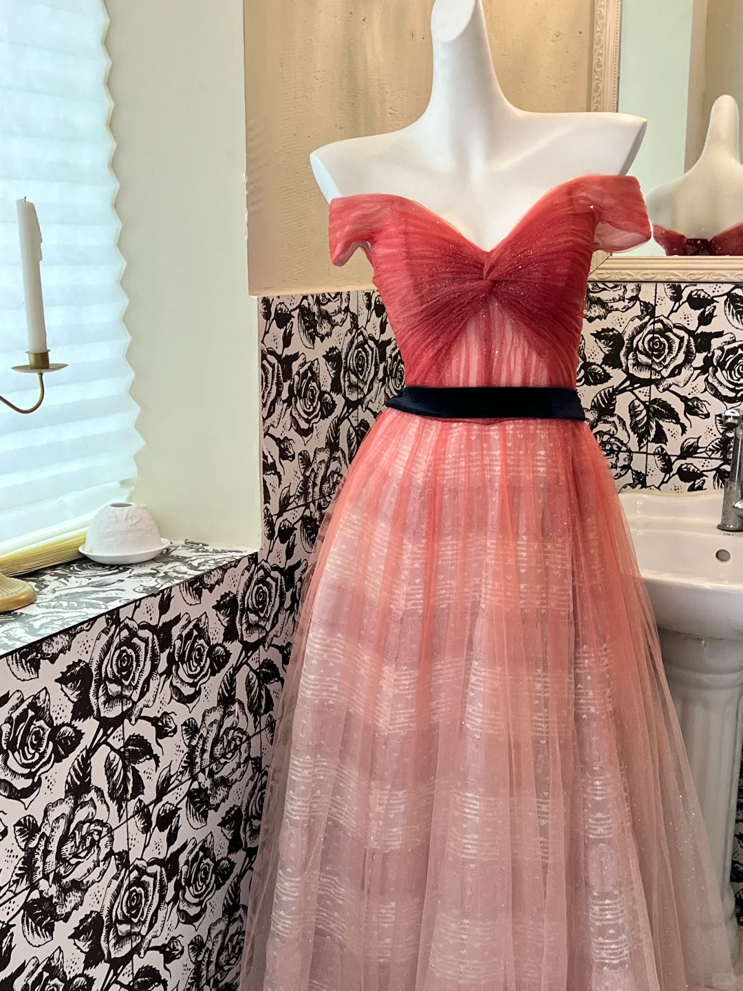 Elegant Red Ombre A Line Off the Shoulder Tulle Long Prom Dress Evening Dress DP3326