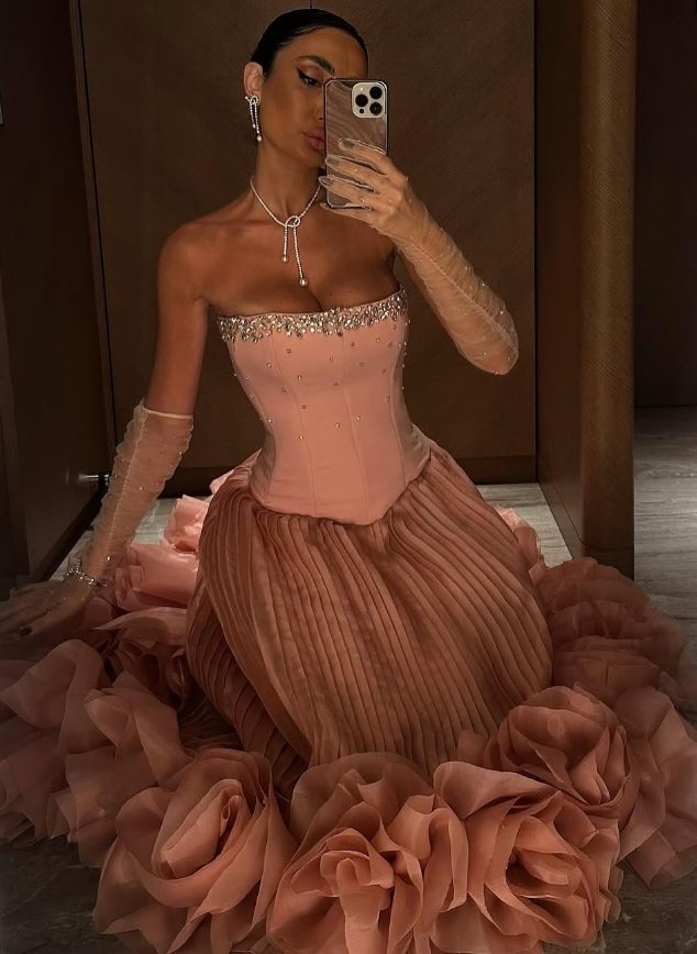 Pretty Pink Rhinestone Strapless Tulle Satin Long Prom Dress Date Dress Evening Dress DP2998